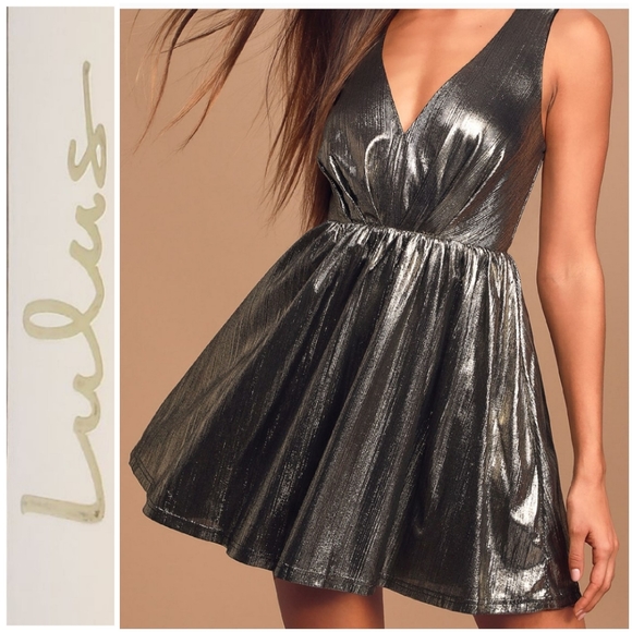 ⤵️💛SOLD💛NEW! LULU's Gold Metallic Mini Dress Medium - Picture 8 of 15